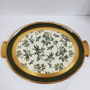 Vietri Italian Wall-Hanging Wood Tray Oval Olive Branch Green/Gold with Handles